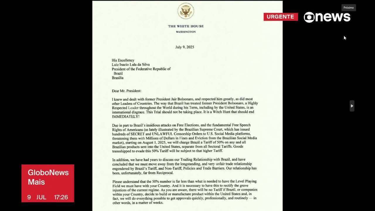 Carta de Trump: leia íntegra do texto, que alega motivos políticos e comerciais para tarifa de 50% ao Brasil | Economia