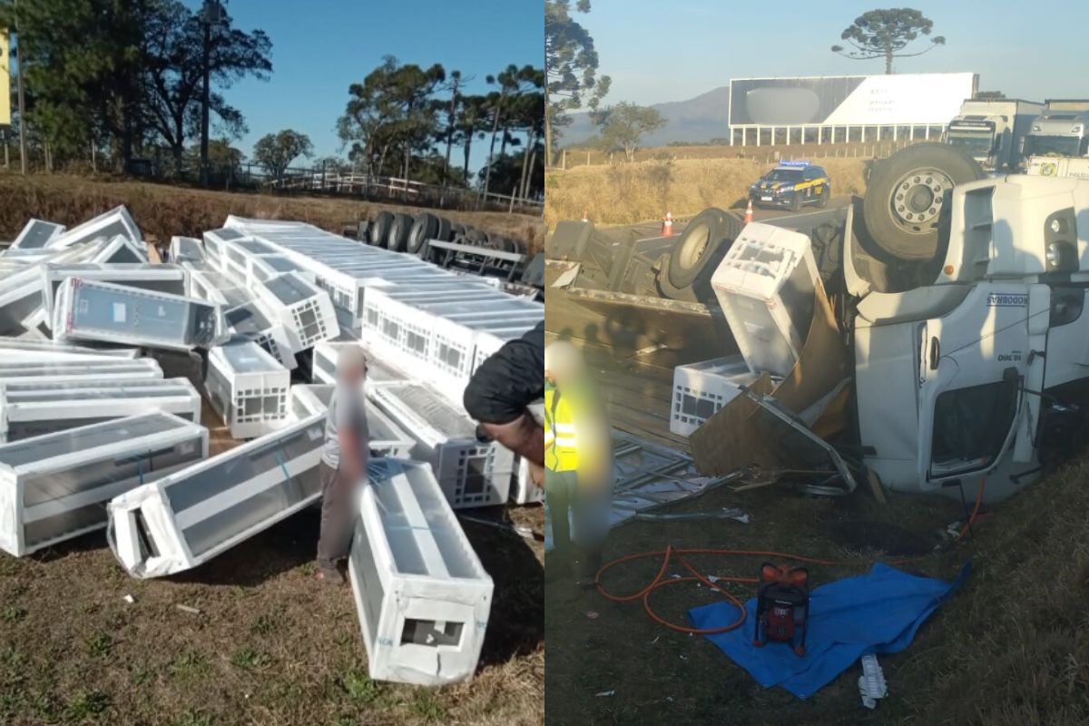 Motorista morre e BR-376 é bloqueada após caminhão carregado com geladeiras tombar no Paraná